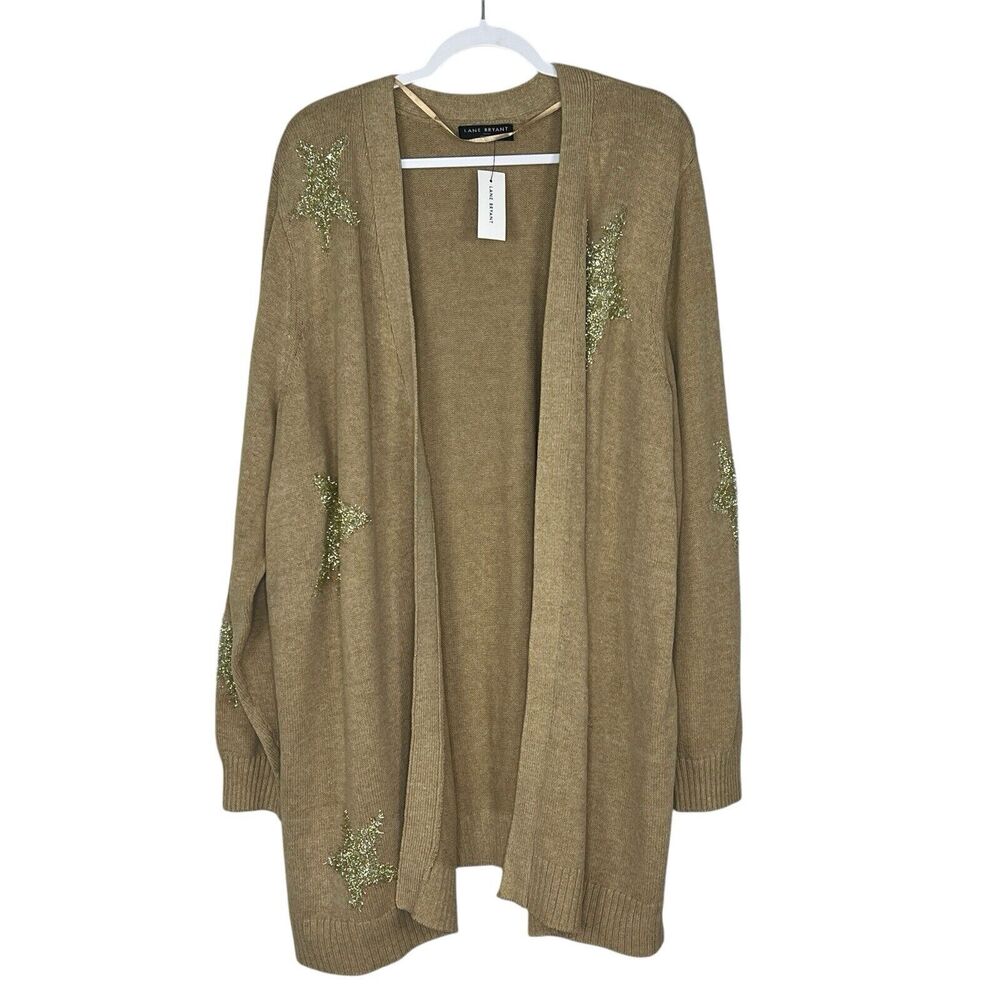 NEW Lane Bryant Size 26 28 Beige Gold Stars Open Front Long Cardigan